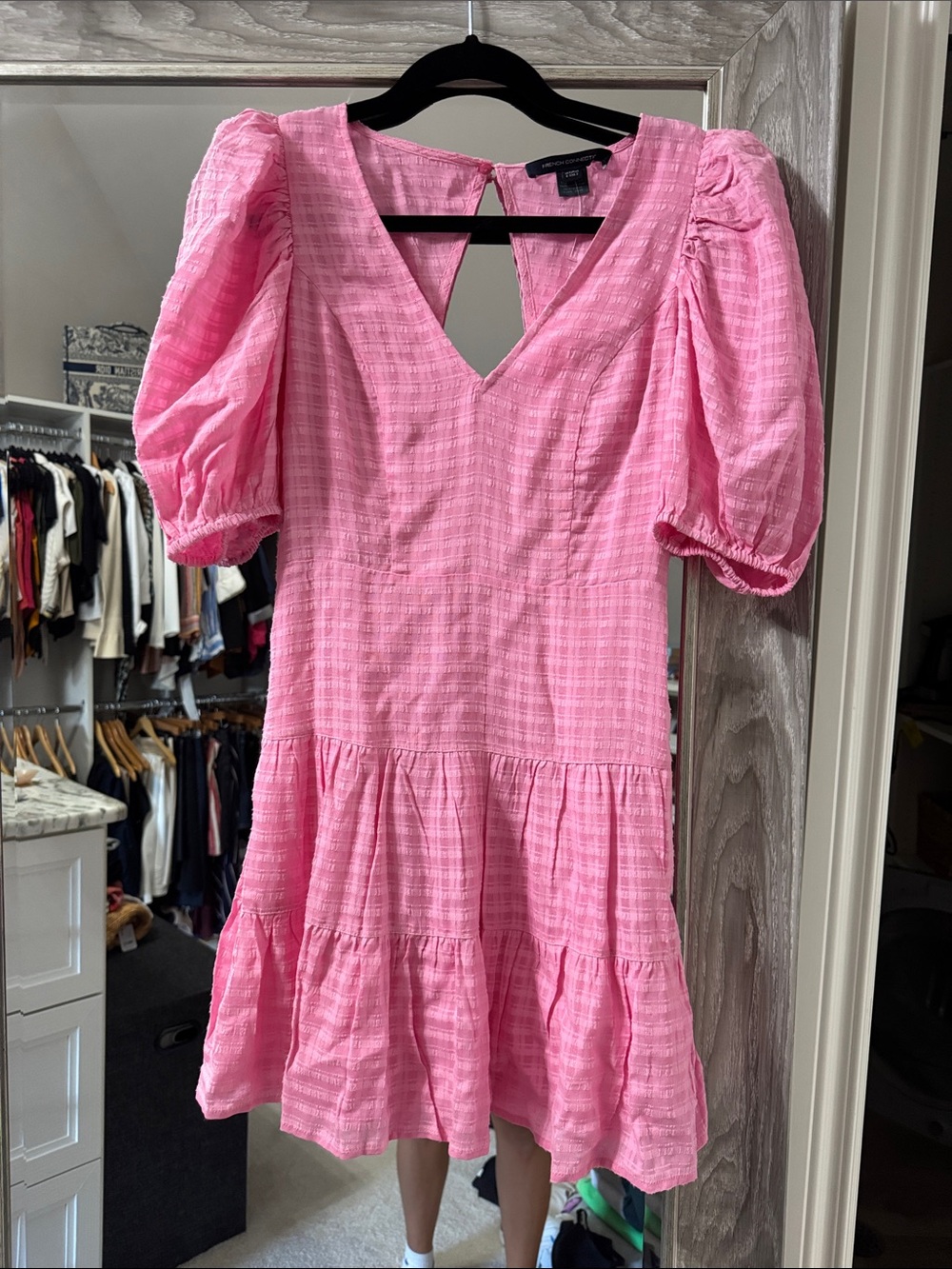 French Connection Pink Puff-Sleeve Tiered Dress